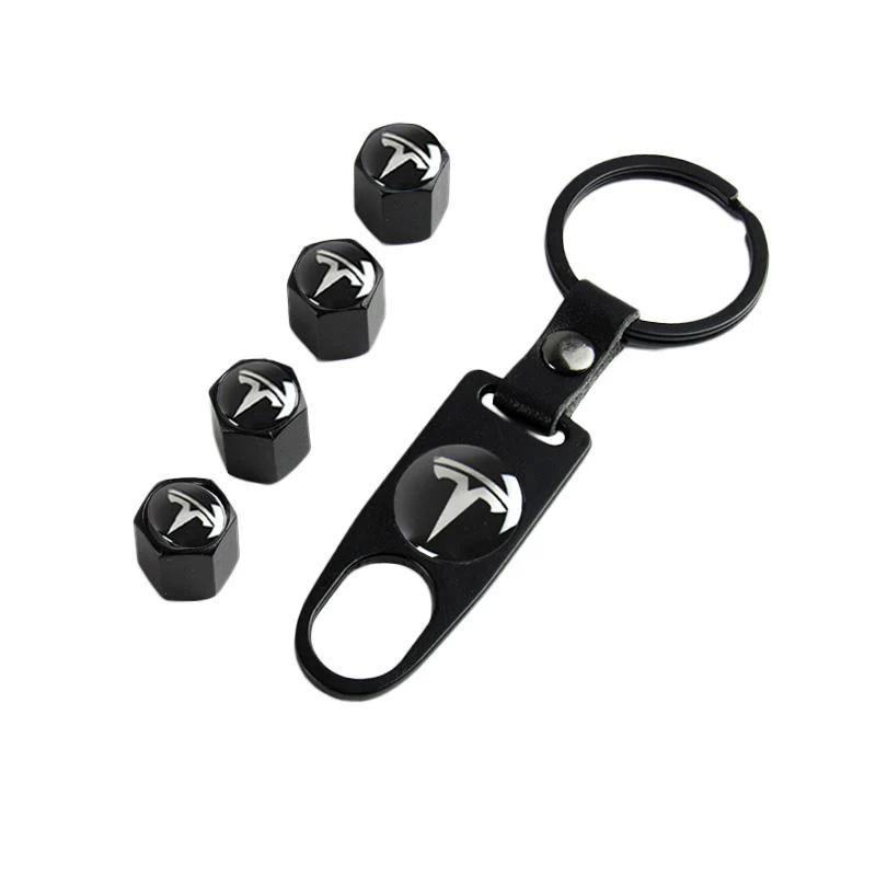 TESLA Set LOGO Emblems with Wheel Tire Valves Black Air Caps Keychain - US SELLER - Image 6