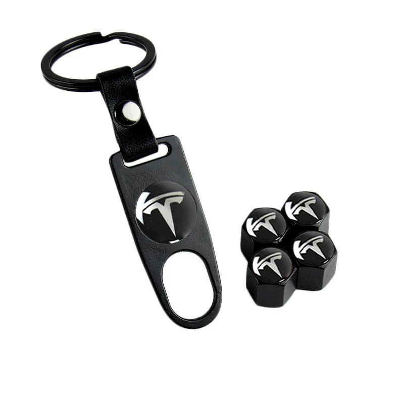 TESLA Set LOGO Emblems with Wheel Tire Valves Black Air Caps Keychain - US SELLER - Image 8