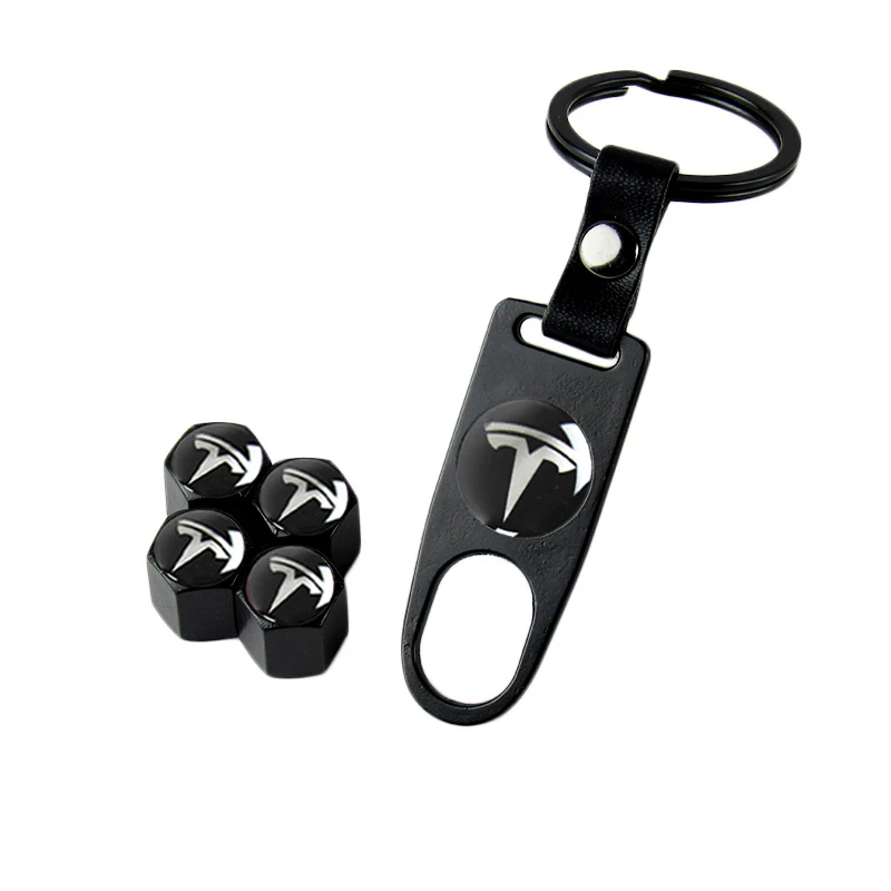 TESLA Universal Car SUV Wheel Tire Valves Dust Stem Air Caps Keychain Emblem Black Set - Image 5