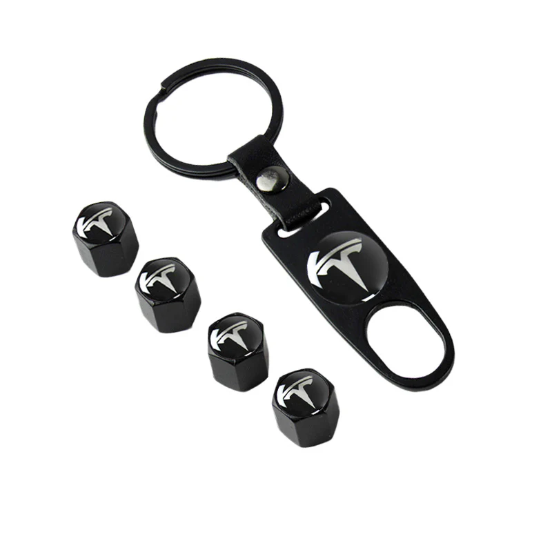 TESLA Universal Car SUV Wheel Tire Valves Dust Stem Air Caps Keychain Emblem Black Set - Image 6
