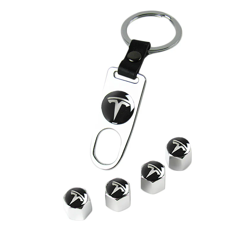 TESLA Universal Car SUV Wheel Tire Valves Dust Stem Air Caps Keychain Emblem Silver Set - Image 4