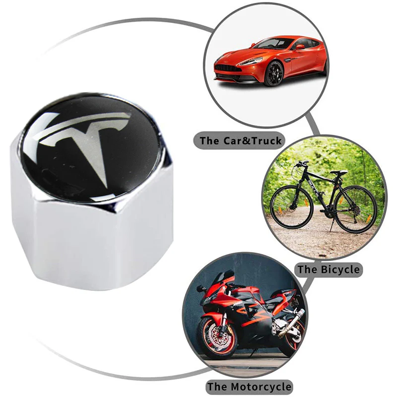 TESLA Universal Car SUV Wheel Tire Valves Dust Stem Air Caps Keychain Emblem Silver Set - Image 5