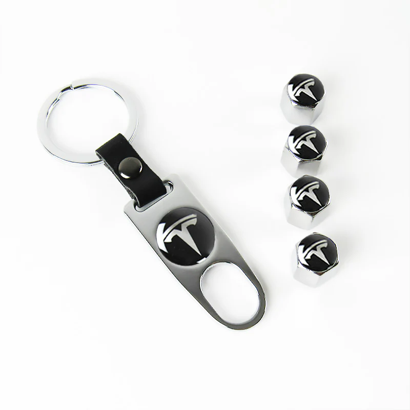 TESLA Universal Car SUV Wheel Tire Valves Dust Stem Air Caps Keychain Emblem Silver Set - Image 7
