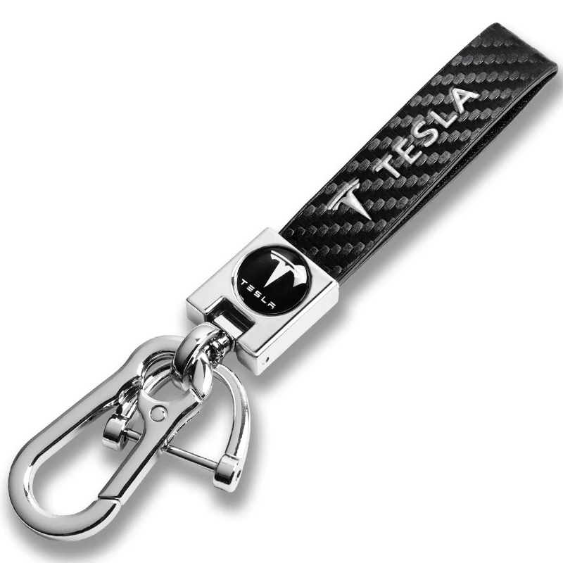 TESLA Universal Chrome 3D Logo Carbon Fiber Look Rare Black Leather Metal Gift Decor Quick Release Lanyard Keychain - Image 4