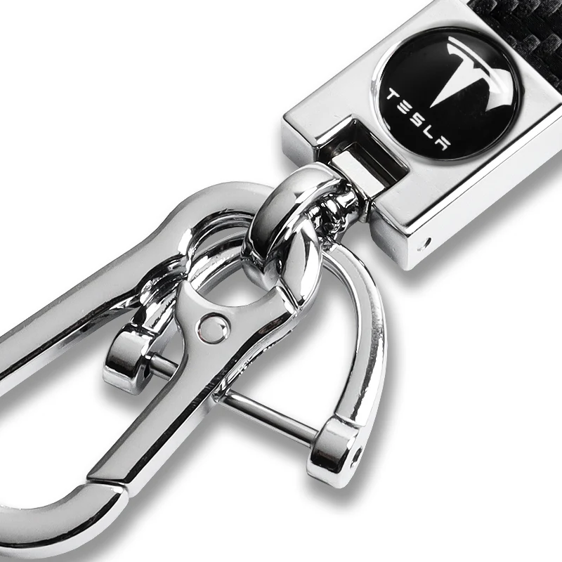 TESLA Universal Chrome 3D Logo Carbon Fiber Look Rare Black Leather Metal Gift Decor Quick Release Lanyard Keychain - Image 6