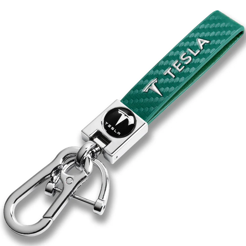 TESLA Universal Chrome 3D Logo Carbon Fiber Look Rare Green Leather Metal Gift Decor Quick Release Lanyard Keychain - Image 4