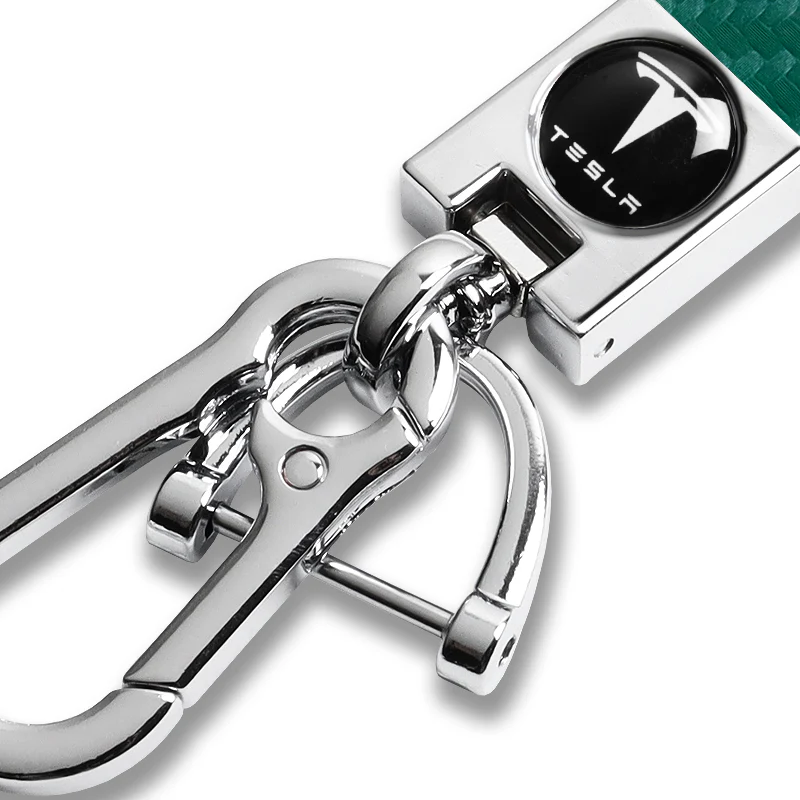 TESLA Universal Chrome 3D Logo Carbon Fiber Look Rare Green Leather Metal Gift Decor Quick Release Lanyard Keychain - Image 6