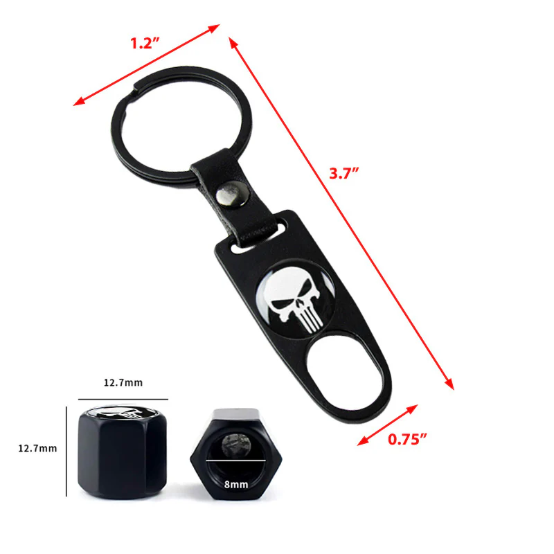 The Punisher Skull Car Wheel Tire Valves Dust Stem Air Caps Keychain Emblem Set - Image 3