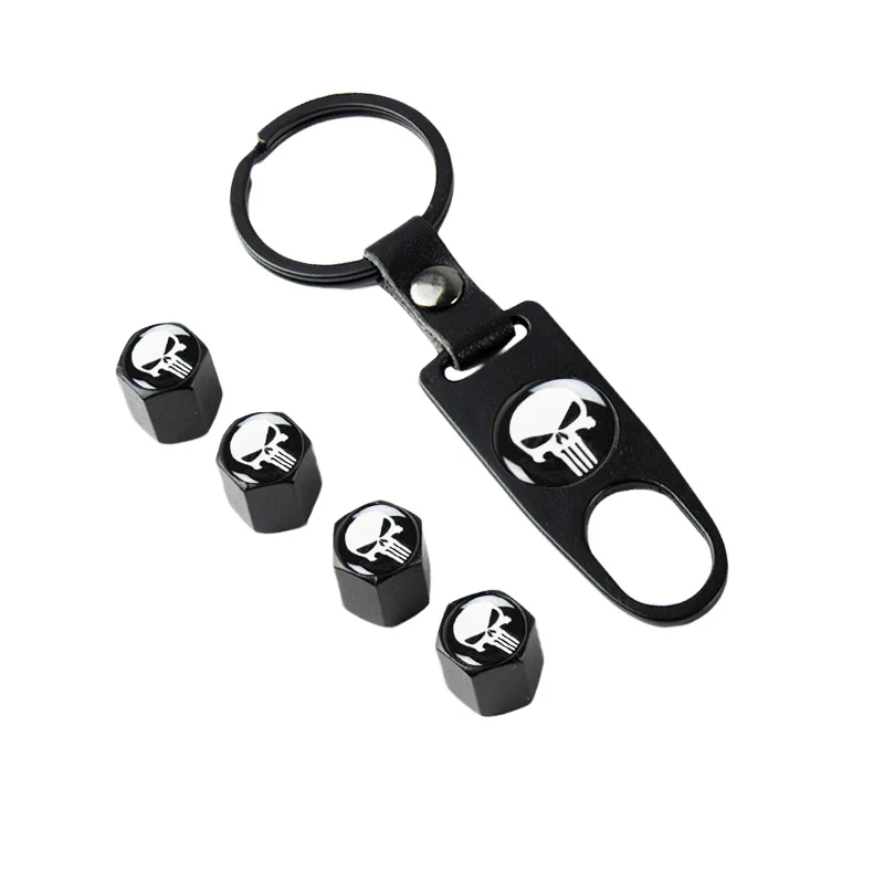 The Punisher Skull Car Wheel Tire Valves Dust Stem Air Caps Keychain Emblem Set - Image 5