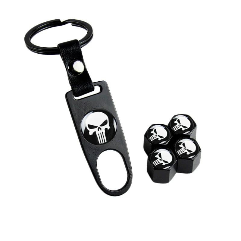 The Punisher Skull Car Wheel Tire Valves Dust Stem Air Caps Keychain Emblem Set - Image 6