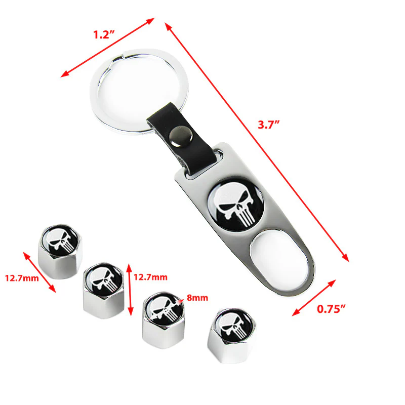 The Punisher Skull Car Wheel Tire Valves Dust Stem Air Caps Keychain Emblem Silver Set - Image 3
