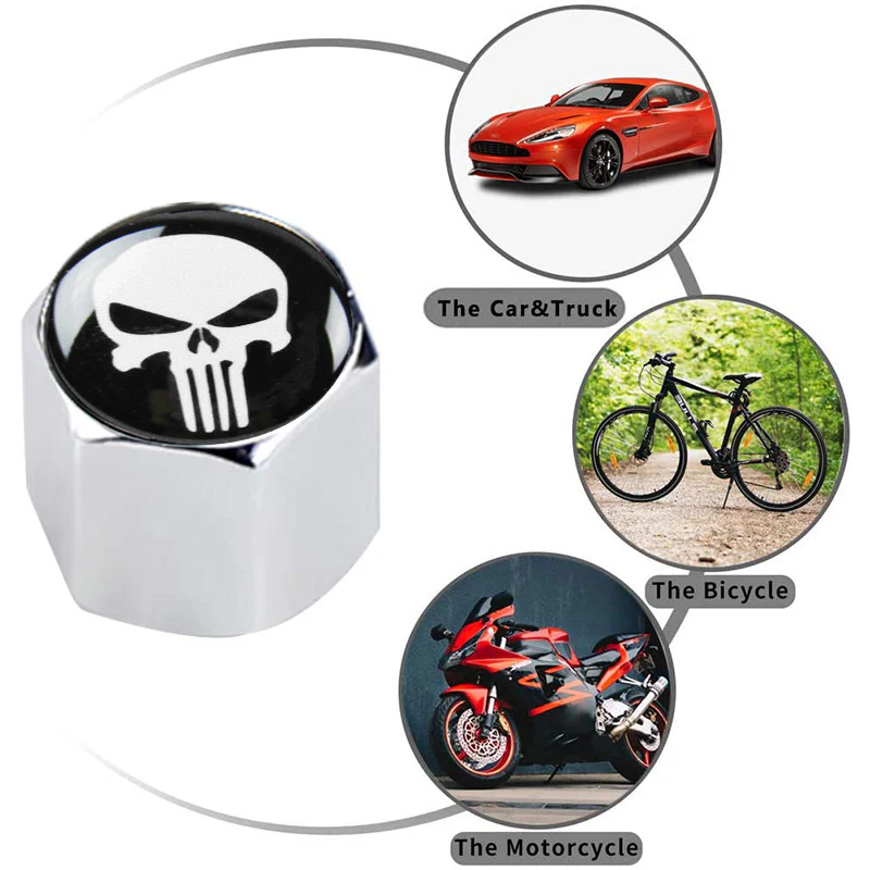 The Punisher Skull Car Wheel Tire Valves Dust Stem Air Caps Keychain Emblem Silver Set - Image 4