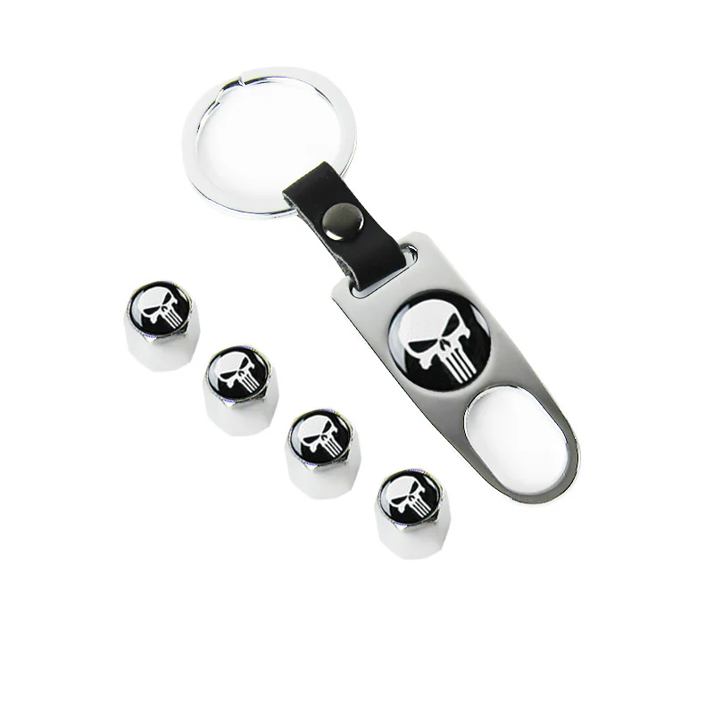 The Punisher Skull Car Wheel Tire Valves Dust Stem Air Caps Keychain Emblem Silver Set - Image 5