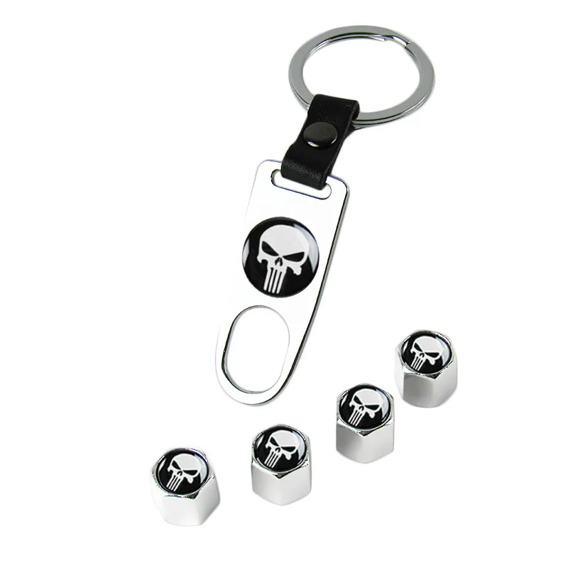 The Punisher Skull Car Wheel Tire Valves Dust Stem Air Caps Keychain Emblem Silver Set - Image 6