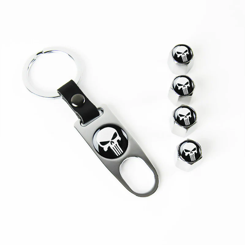 The Punisher Skull Car Wheel Tire Valves Dust Stem Air Caps Keychain Emblem Silver Set - Image 7