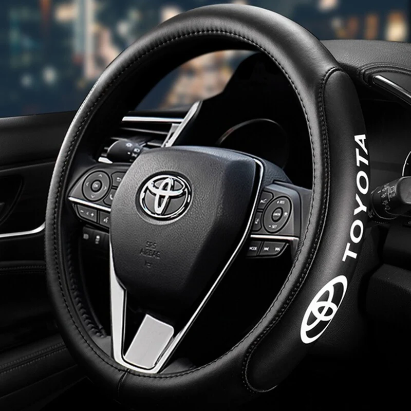 TOYOTA Set Black 15" Diameter Car Auto Steering Wheel Cover Quality Leather with Center Console Armrest Cushion Mat Pad Cover - Image 7