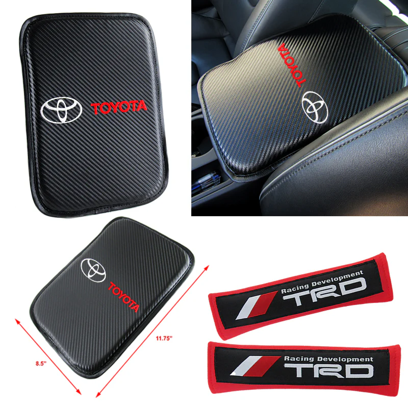 Toyota TRD New Set of Carbon Fiber Look Embroidered Armrest Cushion & Soft Touch Cotton Material Red Seat Belt Covers - Image 4