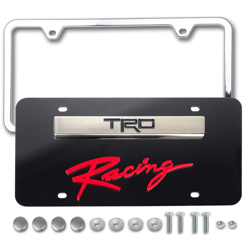 Toyota TRD Racing 3D Black and Chrome Stainless Steel with Black Red Acrylic License Plate Frame + Caps Set OFFICIAL LICENSED - Image 2