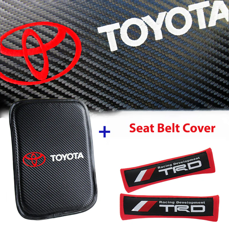 Toyota TRD Set of Carbon Fiber Look Embroidered Armrest Cushion & Soft Touch Cotton Material Seat Belt Covers New - Image 6