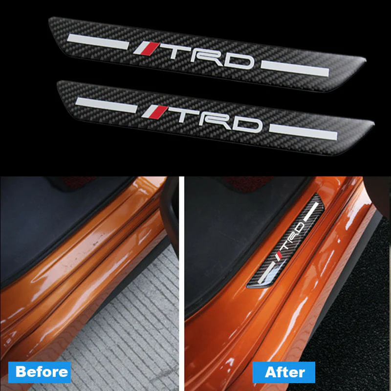 TRD Carbon Fiber Car Door Welcome Plate Sill Scuff Cover Panel Sticker 4PC Set with LED Coaster - Image 3