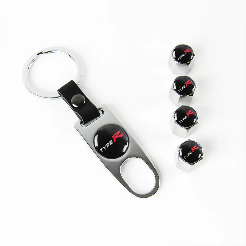 TYPE R Logo Honda Civic Car Wheel Tire Valves Dust Stem Air Caps Keychain Emblem KEY FOB Silver Set - US SELLER - Image 6