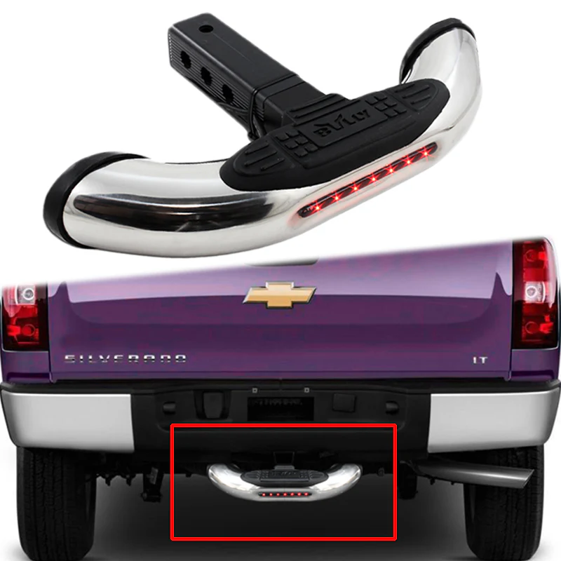 UNIVERSAL BULLY CHROME STEEL W/ LED BRAKE TAIL LIGHT HITCH REAR TOW TRAILER BACK STEP BAR 1.25" & 2" - Image 7