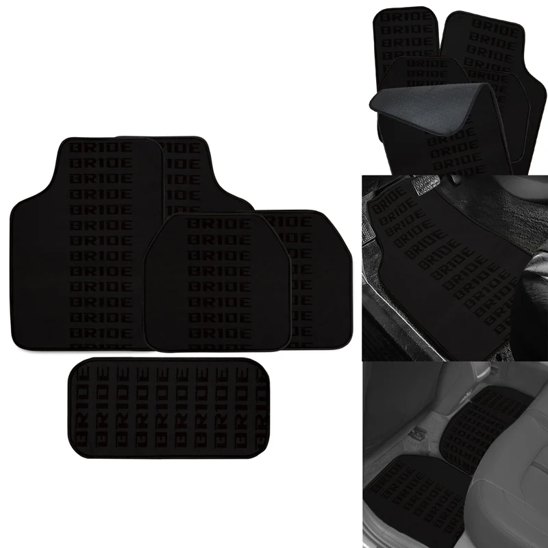 Universal JDM Bride Racing Set of Black 5PCS Hybrid Fabric Floor Mats with Seat Belt Covers - Image 4