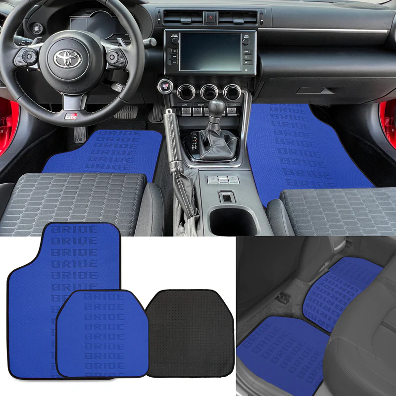 Universal JDM Bride Racing Set of Blue 5PCS Hybrid Fabric Floor Mats with Seat Belt Covers - Image 6