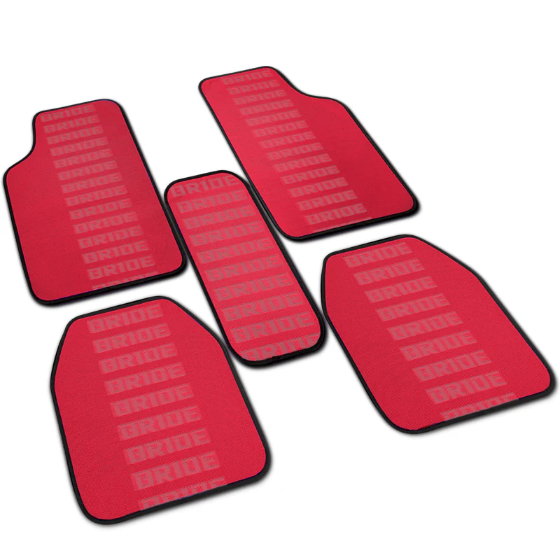 Universal JDM Bride Racing Set of Red 5PCS Hybrid Fabric Floor Mats with Seat Belt Covers - Image 2