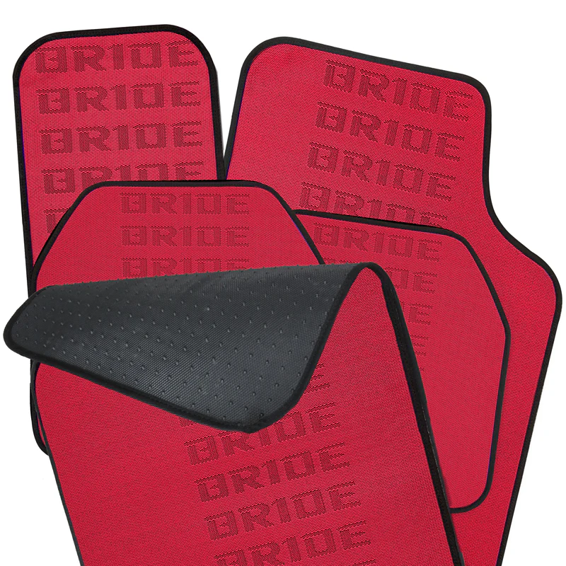 Universal JDM Bride Racing Set of Red 5PCS Hybrid Fabric Floor Mats with Seat Belt Covers - Image 3