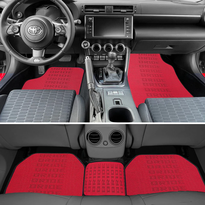 Universal JDM Bride Racing Set of Red 5PCS Hybrid Fabric Floor Mats with Seat Belt Covers - Image 5