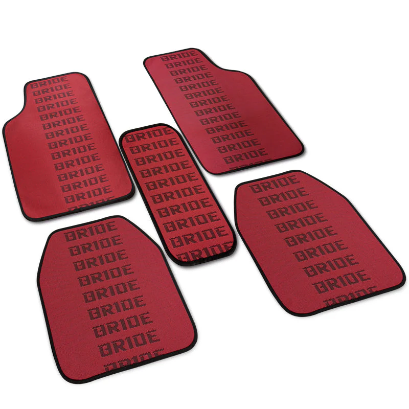 Universal JDM Bride Racing Set of Red/Black 5PCS Hybrid Fabric Floor Mats with Seat Belt Covers - Image 2