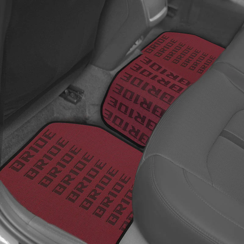 Universal JDM Bride Racing Set of Red/Black 5PCS Hybrid Fabric Floor Mats with Seat Belt Covers - Image 4