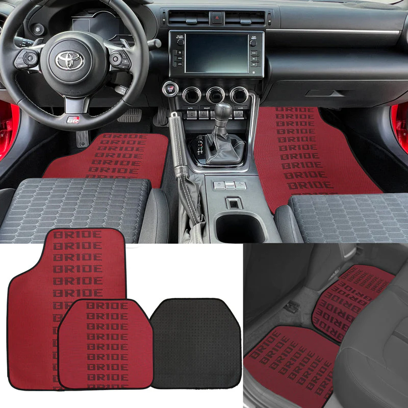 Universal JDM Bride Racing Set of Red/Black 5PCS Hybrid Fabric Floor Mats with Seat Belt Covers - Image 5