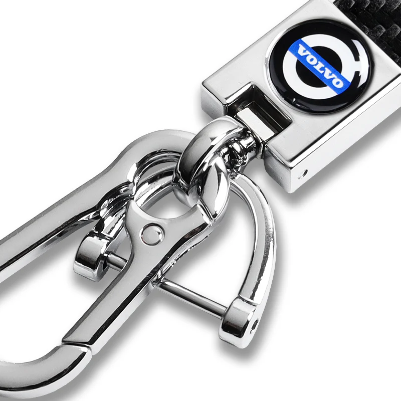 VOLVO Universal Chrome 3D Logo Carbon Fiber Look Black Leather Metal Gift Decor Quick Release Lanyard Keychain - Image 2
