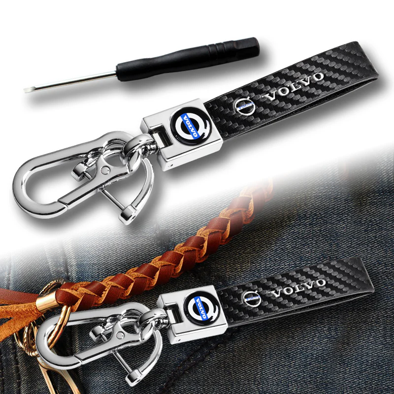 VOLVO Universal Chrome 3D Logo Carbon Fiber Look Black Leather Metal Gift Decor Quick Release Lanyard Keychain - Image 3