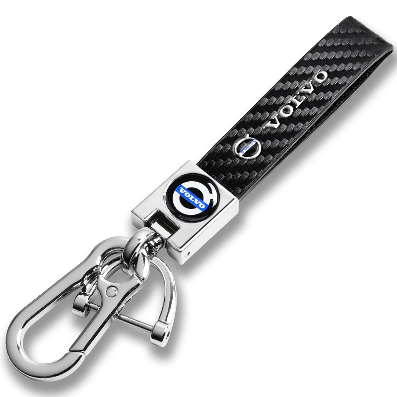 VOLVO Universal Chrome 3D Logo Carbon Fiber Look Black Leather Metal Gift Decor Quick Release Lanyard Keychain - Image 5