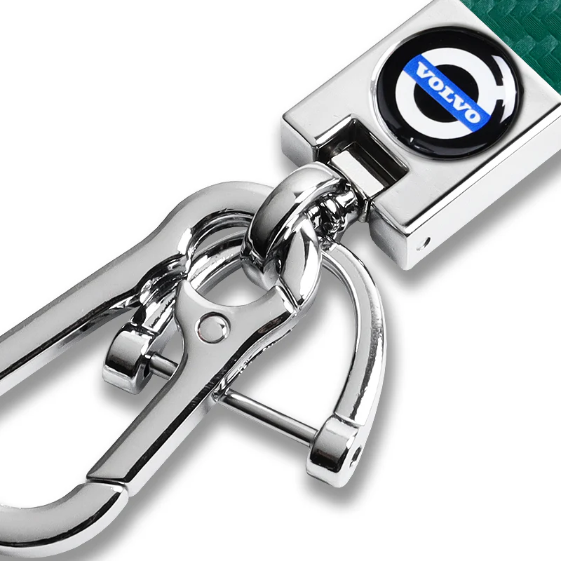 VOLVO Universal Chrome 3D Logo Carbon Fiber Look Green Leather Metal Gift Decor Quick Release Lanyard Keychain - Image 2