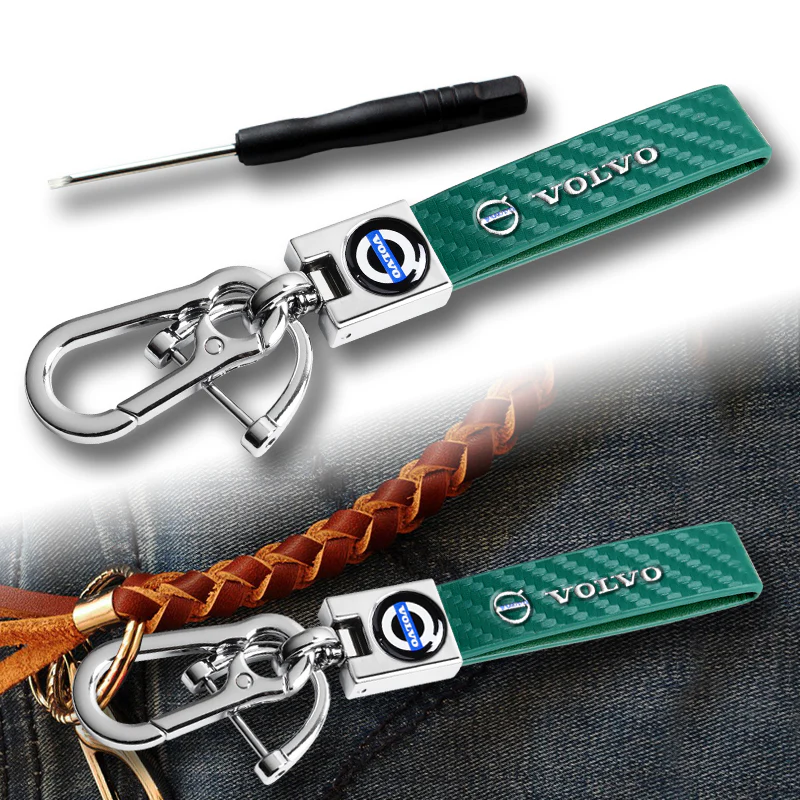 VOLVO Universal Chrome 3D Logo Carbon Fiber Look Green Leather Metal Gift Decor Quick Release Lanyard Keychain - Image 3