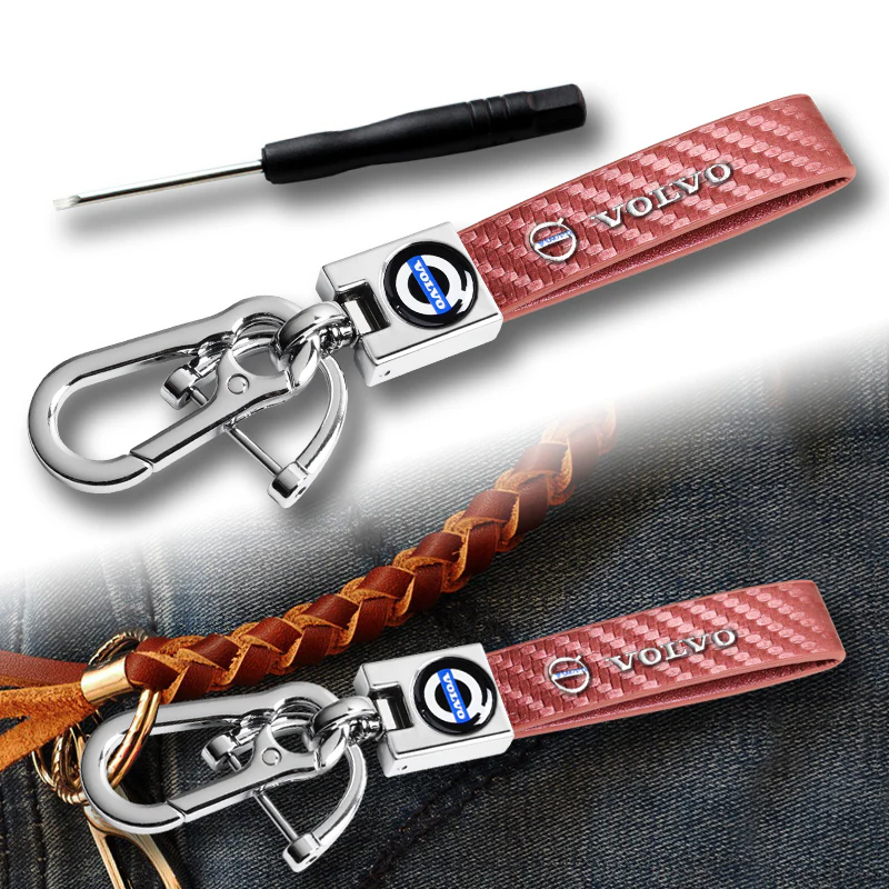 VOLVO Universal Chrome 3D Logo Carbon Fiber Look Rare Pink Leather Metal Gift Decor Quick Release Lanyard Keychain - Image 3