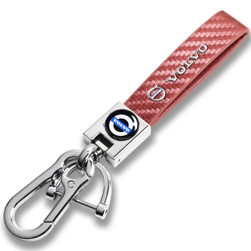 VOLVO Universal Chrome 3D Logo Carbon Fiber Look Rare Pink Leather Metal Gift Decor Quick Release Lanyard Keychain - Image 7