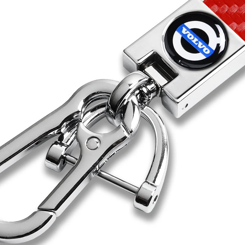 VOLVO Universal Chrome 3D Logo Carbon Fiber Look Red Leather Metal Gift Decor Quick Release Lanyard Keychain - Image 2