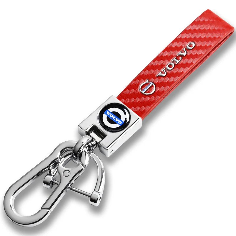 VOLVO Universal Chrome 3D Logo Carbon Fiber Look Red Leather Metal Gift Decor Quick Release Lanyard Keychain - Image 7
