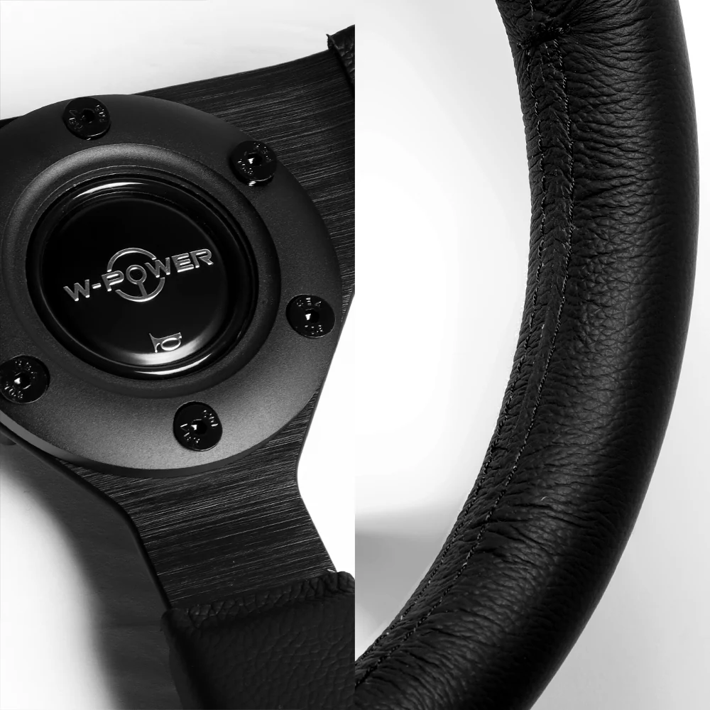 W-Power 12" 305mm 6-Bolt Hole Leather Grip With Aluminum Finished 3-Spoke Steering Wheel -Black Leather/Black Center Spoke - Image 3