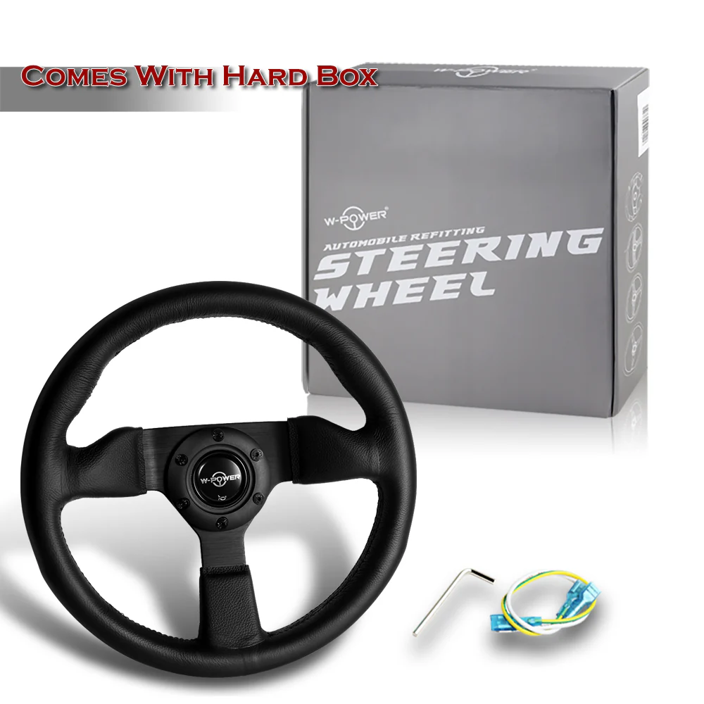 W-Power 12" 305mm 6-Bolt Hole Leather Grip With Aluminum Finished 3-Spoke Steering Wheel -Black Leather/Black Center Spoke - Image 5