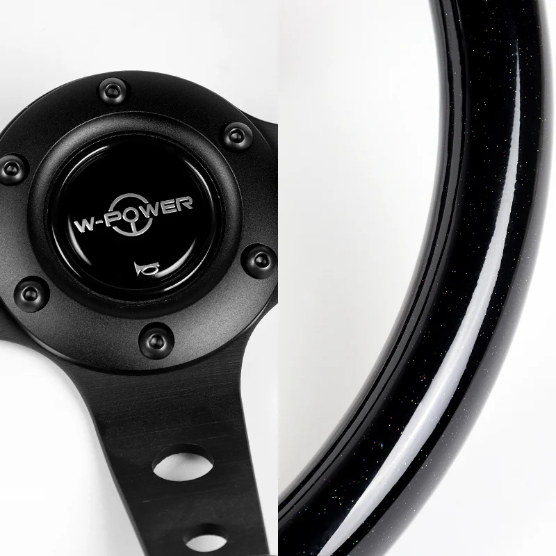 W-Power 13" 330mm 6-Bolt Hole JDM Euro VIP Style Galaxy Black Sparkled Classic Wood Grip With Aluminum Finished 3-Spoke 3 Inches Deep Dish Steering Wheel -Black Center Spoke - Image 3