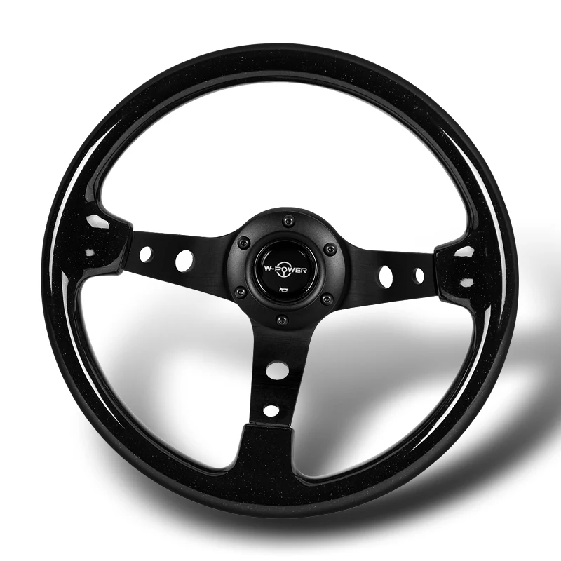 W-Power 13" 330mm 6-Bolt Hole JDM Euro VIP Style Galaxy Black Sparkled Classic Wood Grip With Aluminum Finished 3-Spoke 3 Inches Deep Dish Steering Wheel -Black Center Spoke - Image 4