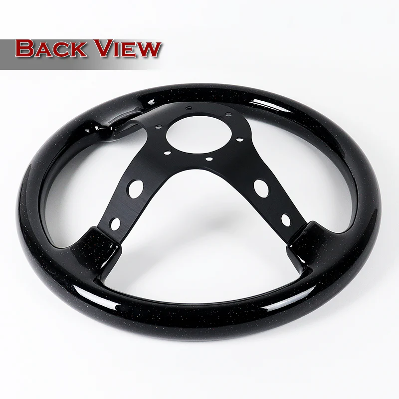 W-Power 13" 330mm 6-Bolt Hole JDM Euro VIP Style Galaxy Black Sparkled Classic Wood Grip With Aluminum Finished 3-Spoke 3 Inches Deep Dish Steering Wheel -Black Center Spoke - Image 5