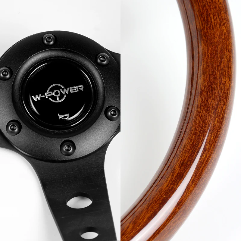 W-Power 13" 330mm 6-Bolt Hole JDM Euro VIP Style Galaxy Dark Brown Classic Wood Grip With Aluminum Finished 3-Spoke 3 Inches Deep Dish Steering Wheel -Black Center Spoke - Image 3
