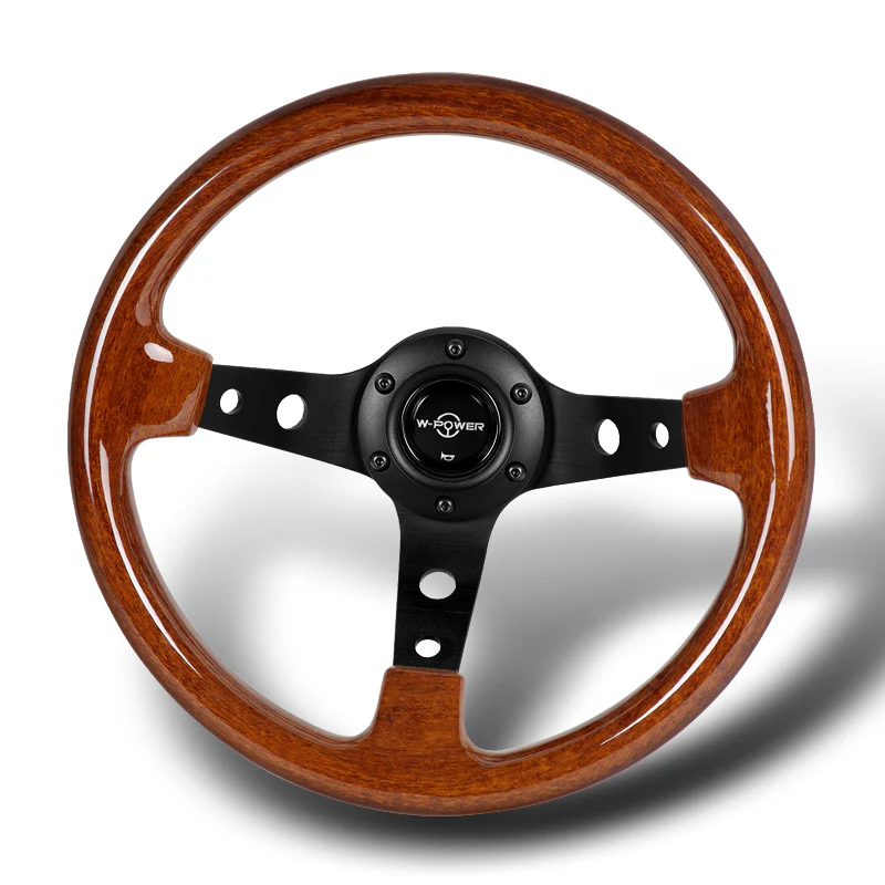 W-Power 13" 330mm 6-Bolt Hole JDM Euro VIP Style Galaxy Dark Brown Classic Wood Grip With Aluminum Finished 3-Spoke 3 Inches Deep Dish Steering Wheel -Black Center Spoke - Image 4